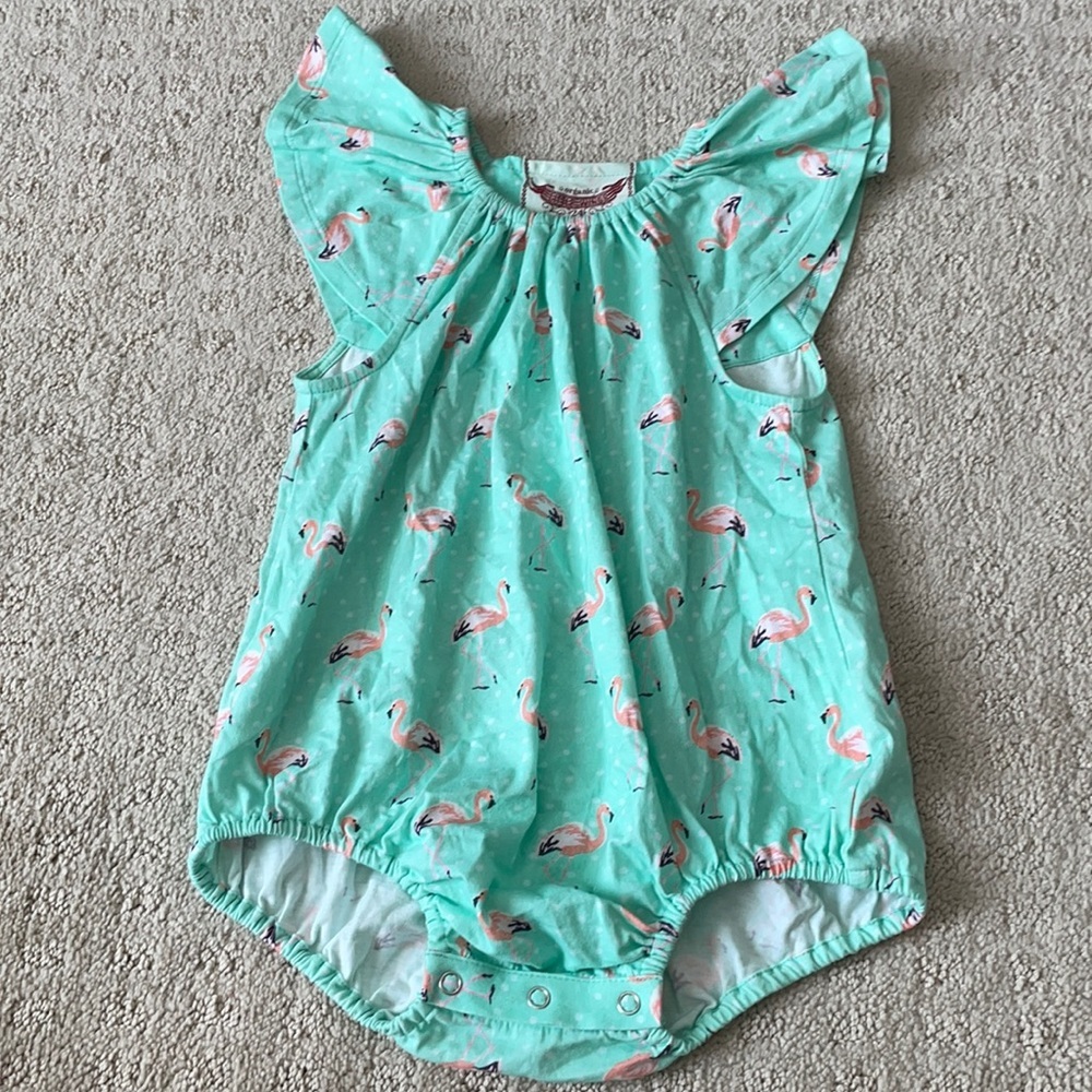 Little Wings by Paper Wings Flamingo Print Flutter-Sleeve‎ Bubble Romper NWOT